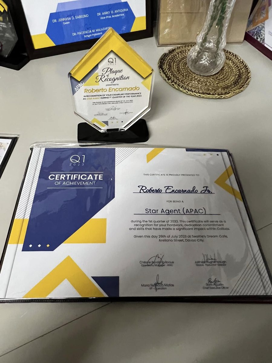 Star Agent (APAC) certificate and plaque of recognition, Quarter 1 2023