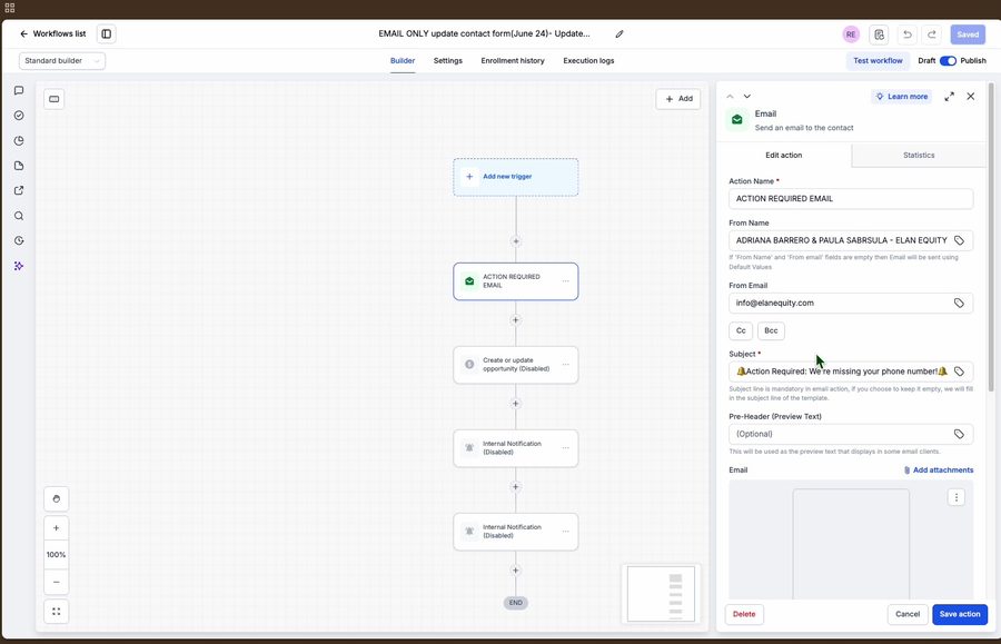 GHL workflow automation builder canvas