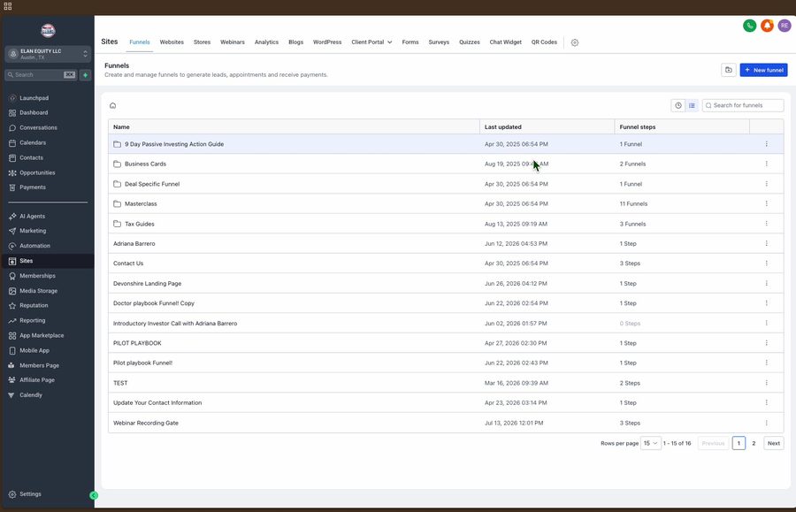 Funnels dashboard showing multiple live funnels
