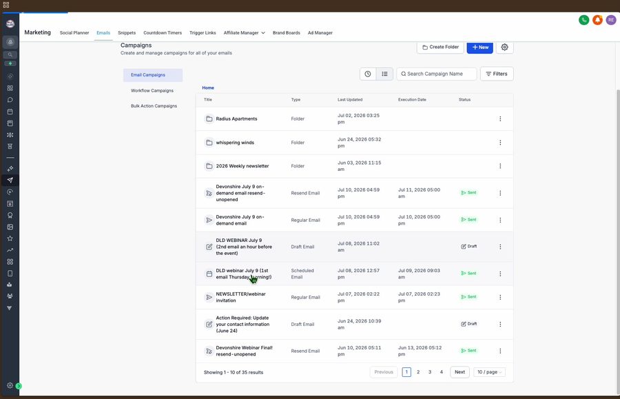 Published email workflow campaigns list